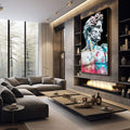Quadro Decorativo Bustos Clássicos e Modernos | quadros decorativos premium | Busto clássico em branco com aguarela rosa, azul e amarelo em composição contemporânea. | em ambiente 4 | Porao dos Quadros