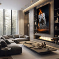 Quadro Decorativo Ás de Espadas Dramático | quadros decorativos premium | Ás de espadas em chamas laranja vibrantes com cinzas brancas sobre fundo preto. | em ambiente 4 | Porao dos Quadros
