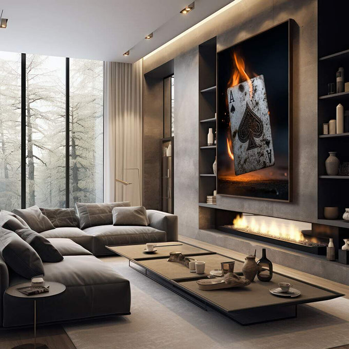Quadro Decorativo Ás de Espadas Dramático | quadros decorativos premium | Ás de espadas em chamas laranja vibrantes com cinzas brancas sobre fundo preto. | em ambiente 4 | Porao dos Quadros