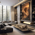Quadro Decorativo Leão Majestoso e Poderoso | quadros decorativos premium | Leão majestoso em tons dourados e marrom envolvido em luz mágica ao amanhecer | em ambiente 4 | Porao dos Quadros