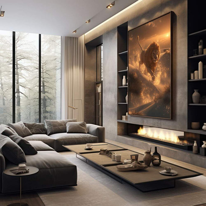 Quadro Decorativo Leão Majestoso e Poderoso | quadros decorativos premium | Leão majestoso em tons dourados e marrom envolvido em luz mágica ao amanhecer | em ambiente 4 | Porao dos Quadros