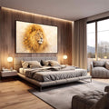 Quadro Decorativo Leão Majestoso | quadros decorativos premium | Leão majestoso em tons dourados e aquarela com crina fluida e olhar penetrante. | em ambiente 4 | Porao dos Quadros
