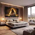 Quadro Decorativo Jesus Cristo - Arte Inspiradora para Seu Ambiente | quadros decorativos premium | Figura sagrada em contemplação envolta em aura dourada luminosa e partículas de luz incandescentes | em ambiente 4 | Porao dos Quadros