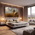Quadro Decorativo Pastor e Ovelhas | quadros decorativos premium | Pastora com ovelhas em campo dourado sob céu nublado, tons terrosos e luz natural. | em ambiente 4 | Porao dos Quadros