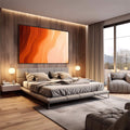 Quadro Decorativo Fluir do Pôr do Sol | quadros decorativos premium | Padrão abstrato de ondas fluidas em tons de laranja, bege e creme com movimento suave | em ambiente 4 | Porao dos Quadros