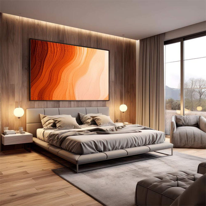 Quadro Decorativo Fluir do Pôr do Sol | quadros decorativos premium | Padrão abstrato de ondas fluidas em tons de laranja, bege e creme com movimento suave | em ambiente 4 | Porao dos Quadros