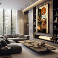 Quadro Decorativo Harmonia Natural Moderna | quadros decorativos premium | Plantas geométricas em laranja e preto com sol e formas abstratas em composição vertical | em ambiente 4 | Porao dos Quadros