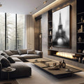 Quadro Decorativo Torre Eiffel em Preto e Branco | quadros decorativos premium | Torre Eiffel cinzenta em névoa branca, composição atmosférica vertical | em ambiente 4 | Porao dos Quadros