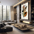 Quadro Decorativo Botânico com Toque Minimalista | quadros decorativos premium | Composição floral abstrata com folhas em tons bege, marrom e preto formando arranjo vertical sofisticado | em ambiente 4 | Porao dos Quadros