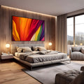 Faixas abstratas fluidas em laranja, vermelho, rosa, verde e roxo como tecido ondulado, quadro decorativo