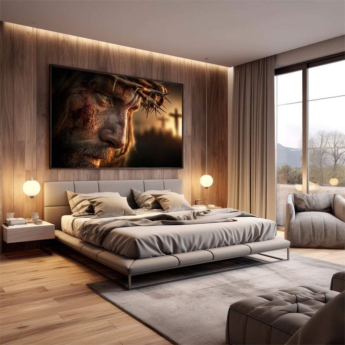 Quadro Decorativo Expressão de Luta | quadros decorativos premium | Figura religiosa em tons dourados e marrom com expressão serena sobre fundo escuro iluminado. | em ambiente 4 | Porao dos Quadros