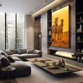 Quadro Decorativo Cavalos em Liberdade | quadros decorativos premium | Dois cavalos correndo em luz dourada do pôr do sol com poeira levantada | em ambiente 4 | Porao dos Quadros