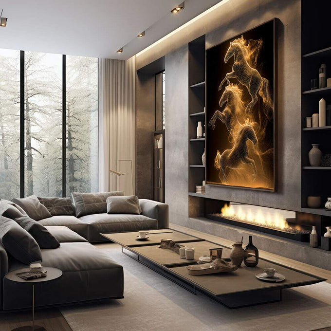 Quadro Decorativo Cavalos Dourados em Movimento | quadros decorativos premium | Cavalos em rearing pose resplandecendo em dourado luminoso contra fundo preto intenso | em ambiente 4 | Porao dos Quadros