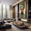 Quadro Decorativo Feminino Empoderado em Cores | quadros decorativos premium | Mulher africana com turbante verde e dourado, olhar intenso, joia no pescoço, fundo envelhecido em tons quentes | em ambiente 4 | Porao dos Quadros