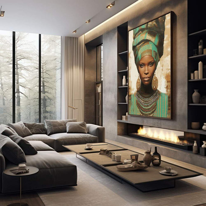 Quadro Decorativo Feminino Empoderado em Cores | quadros decorativos premium | Mulher africana com turbante verde e dourado, olhar intenso, joia no pescoço, fundo envelhecido em tons quentes | em ambiente 4 | Porao dos Quadros