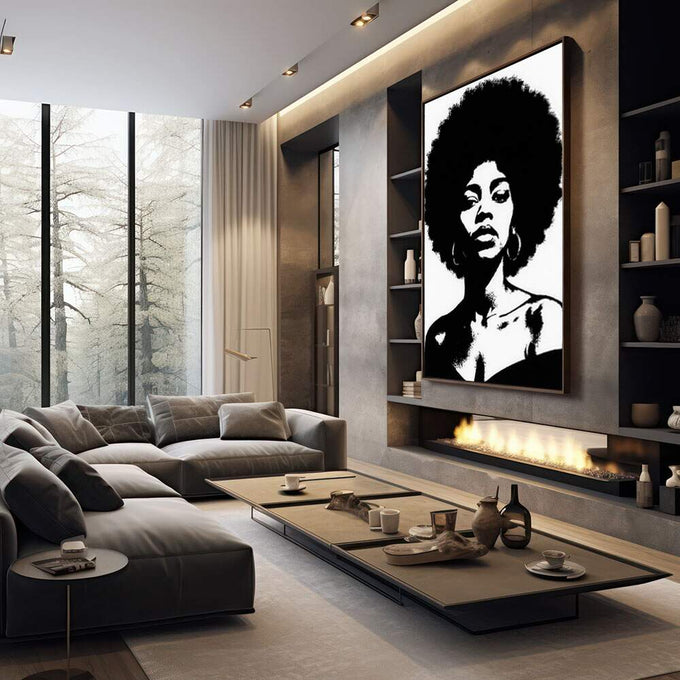 Quadro Decorativo Afro Elegância | quadros decorativos premium | Retrato de mulher com cabelo afro natural em preto e branco com alto contraste gráfico. | em ambiente 4 | Porao dos Quadros