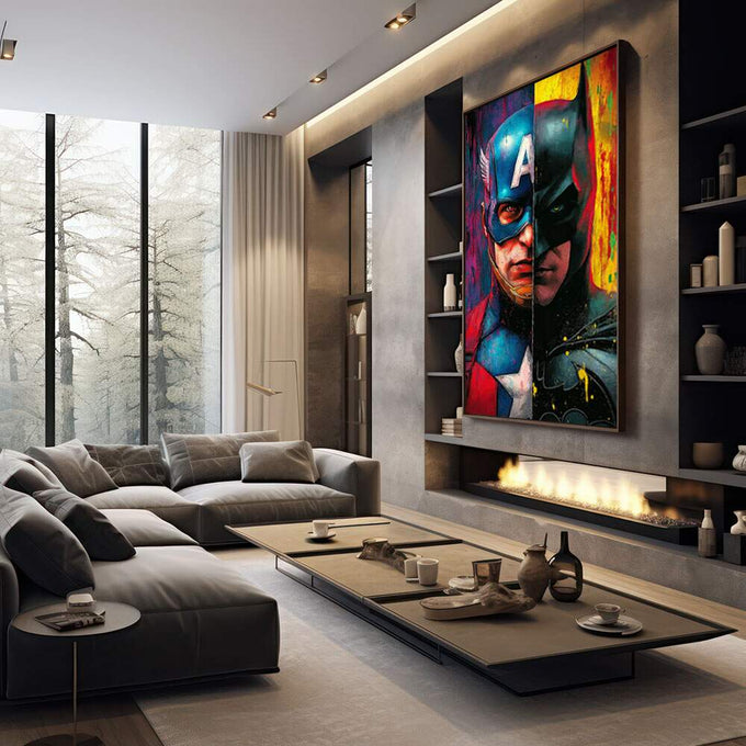 Quadro Decorativo Heróis em Dupla Dinâmica | quadros decorativos premium | Dois superhérois em contraste — um em vermelho e amarelo vibrante, outro em azul e preto sombrio. | em ambiente 4 | Porao dos Quadros