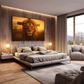 Quadro Decorativo Leão Majestoso | quadros decorativos premium | Leão dourado majestoso com cruz ao fundo em pôr do sol quente. | em ambiente 4 | Porao dos Quadros