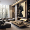 Quadro Decorativo Silhueta Elegante: Feminino | quadros decorativos premium | Silhueta de mulher em perfil com cabeça envolvida em tecido, preto e branco com tom creme. | em ambiente 4 | Porao dos Quadros