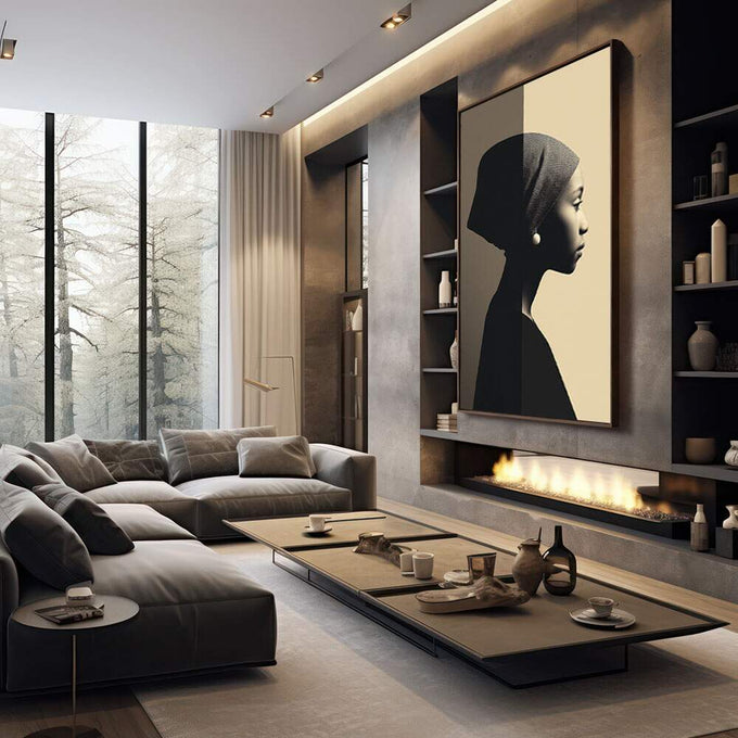 Quadro Decorativo Silhueta Elegante: Feminino | quadros decorativos premium | Silhueta de mulher em perfil com cabeça envolvida em tecido, preto e branco com tom creme. | em ambiente 4 | Porao dos Quadros
