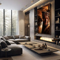 Quadro Decorativo Majestade e Sacrifício Leão de Judá | quadros decorativos premium | Jesus em encontro sagrado com leão dourado em composição hiperealista e iluminação dramática | em ambiente 4 | Porao dos Quadros