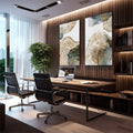 Quadro Decorativo: Abstração Azul Dourado - Único e Sofisticado | quadros decorativos premium | Dois quadros com anéis abstratos concêntricos em dourado, bege e azul com linhas delicadas. | em ambiente 4 | Porao dos Quadros