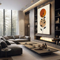 Quadro Decorativo Serenidade Botânica Minimalista | quadros decorativos premium | Flor abstrata em tons de laranja e bege com folhas escuras em caule minimalista | em ambiente 4 | Porao dos Quadros