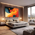 Abstrato com ondas e círculos em laranja, amarelo, vermelho, azul e preto, quadro decorativo