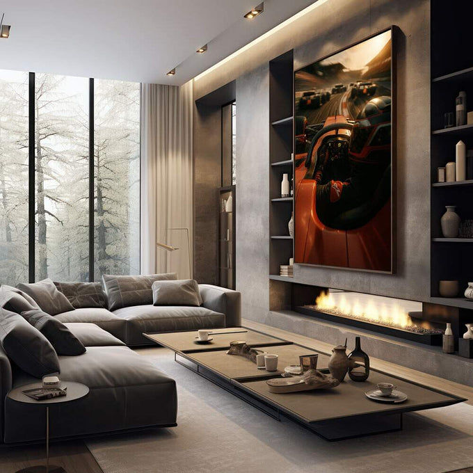 Quadro Decorativo Aventura em Alta Velocidade | quadros decorativos premium | Piloto acelerando supercarro vermelho na pista ao entardecer com sol dourado | em ambiente 4 | Porao dos Quadros