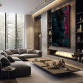 Quadro Decorativo Leão Abstrato Vibrante | quadros decorativos premium | Felino em preto com olhos turquesa vibrante, detalhes em magenta e linhas geométricas ao fundo | em ambiente 4 | Porao dos Quadros