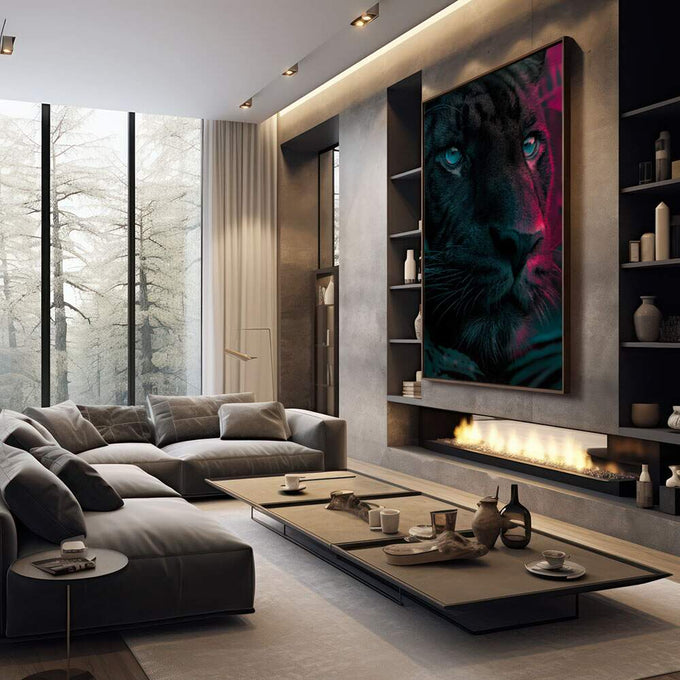 Quadro Decorativo Leão Abstrato Vibrante | quadros decorativos premium | Felino em preto com olhos turquesa vibrante, detalhes em magenta e linhas geométricas ao fundo | em ambiente 4 | Porao dos Quadros