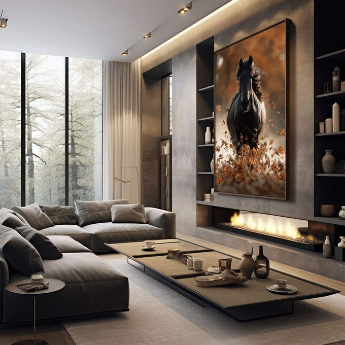 Quadro Decorativo Cavalo em Movimento | quadros decorativos premium | Cavalo preto majestoso em movimento com folhas secas douradas ao redor sob luz quente | em ambiente 4 | Porao dos Quadros