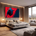 Quadro Decorativo do Touro Moderno | quadros decorativos premium | Touro azul em movimento dinâmico sobre fundo vermelho intenso em estilo pop art. | em ambiente 4 | Porao dos Quadros
