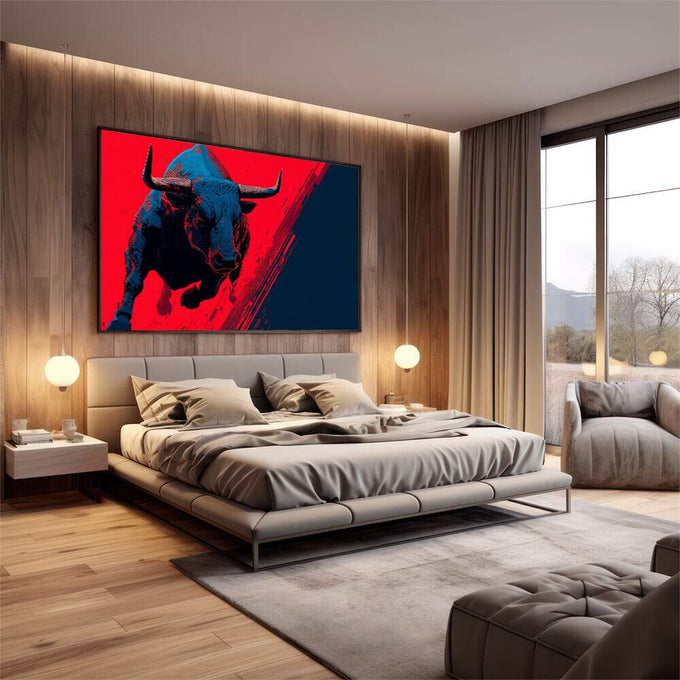 Quadro Decorativo do Touro Moderno | quadros decorativos premium | Touro azul em movimento dinâmico sobre fundo vermelho intenso em estilo pop art. | em ambiente 4 | Porao dos Quadros