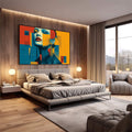 Quadro Decorativo Mulher Moderna | quadros decorativos premium | Mulher em composição pop art geométrica com tons azul, vermelho, amarelo e laranja vibrantes. | em ambiente 4 | Porao dos Quadros