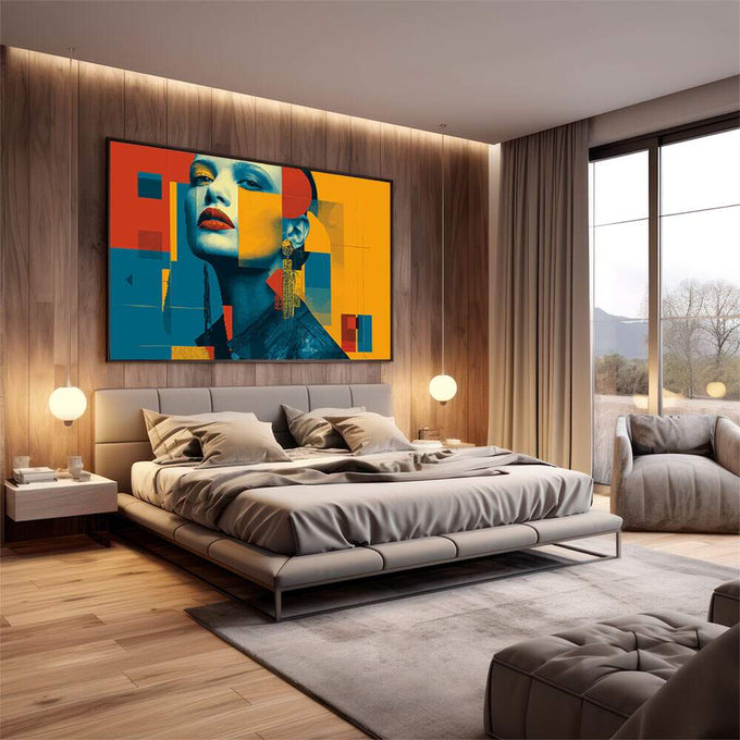 Quadro Decorativo Mulher Moderna | quadros decorativos premium | Mulher em composição pop art geométrica com tons azul, vermelho, amarelo e laranja vibrantes. | em ambiente 4 | Porao dos Quadros