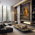 Quadro Decorativo Bitcoin: Poder e Luxo | quadros decorativos premium | Bitcoin dourado coroado repousa sobre notas de dólar em composição luxuosa com iluminação dramatizada | em ambiente 4 | Porao dos Quadros