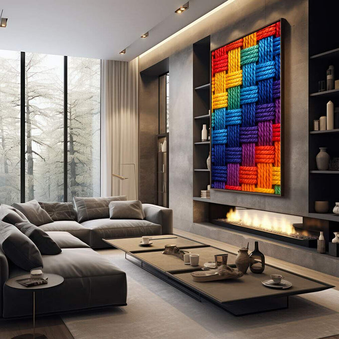 Quadro Decorativo Cores Vibrantes para Alegrar | quadros decorativos premium | Blocos de corda coloridos em padrão geométrico entrelaçado com textura em relevo. | em ambiente 4 | Porao dos Quadros