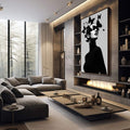Quadro Decorativo Minimalista com Borboletas | quadros decorativos premium | Silhueta feminina em preto com borboletas em voo sobre a cabeça em composição vertical. | em ambiente 4 | Porao dos Quadros