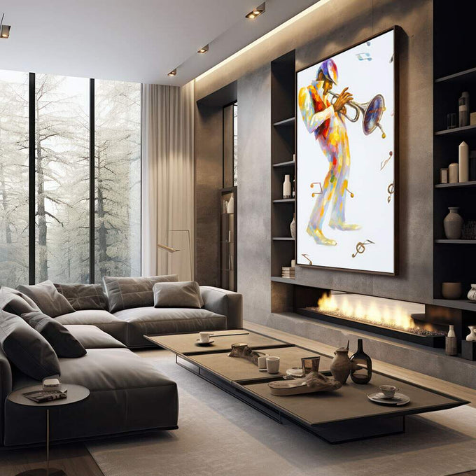 Quadro Decorativo Músico Vibrante em Ação | quadros decorativos premium | Músico colorido em aquarela tocando trompete com notas musicais flutuando ao redor | em ambiente 4 | Porao dos Quadros