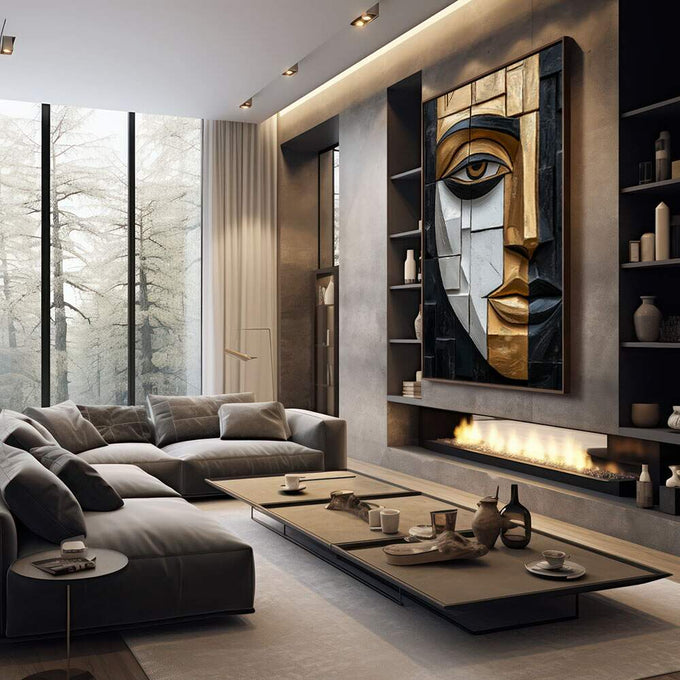 Quadro Decorativo Abstrato da Alma Feminina | quadros decorativos premium | Rosto geométrico fragmentado em dourado, branco e preto em composição minimalista e sofisticada | em ambiente 4 | Porao dos Quadros
