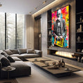 Quadro Decorativo Amor e Sabedoria | quadros decorativos premium | Retrato em cinza e preto com fundo explosivo em magenta, amarelo, azul e laranja em estilo pop art. | em ambiente 4 | Porao dos Quadros