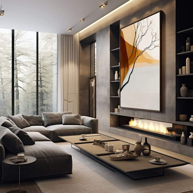 Quadro Decorativo Serenidade em Tons de Terra | quadros decorativos premium | Galho seco sinuoso com formas geométricas abstratas em tons bege, ocre e terracota | em ambiente 4 | Porao dos Quadros