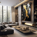Quadro Decorativo Abstrato Luxuoso em Dourado e Preto Transforme Seu Ambiente | quadros decorativos premium | Mapa da Ásia em tons dourados e prateados sobre fundo preto com composição abstrata. | em ambiente 4 | Porao dos Quadros