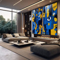 Quadro Decorativo Minimalista Fluído em Azul e Amarelo | quadros decorativos premium | Faces abstratas azul e amarelo com padrões geométricos e olhos expressivos em composição vibrante | em ambiente 4 | Porao dos Quadros