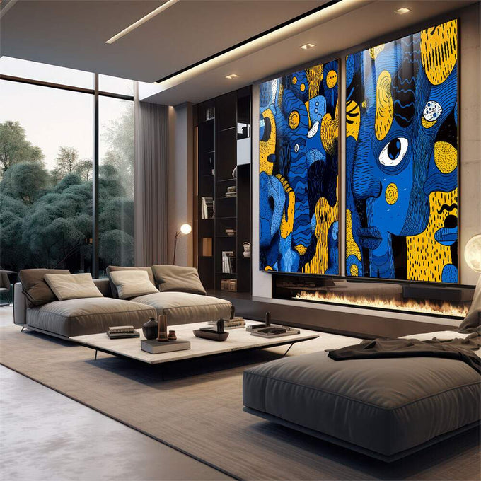 Quadro Decorativo Minimalista Fluído em Azul e Amarelo | quadros decorativos premium | Faces abstratas azul e amarelo com padrões geométricos e olhos expressivos em composição vibrante | em ambiente 4 | Porao dos Quadros