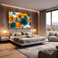 Quadro Decorativo Floral Vibrante para Casa | quadros decorativos premium | Flores amarelas e azuis em ilustração botânica refinada com fundo branco | em ambiente 4 | Porao dos Quadros