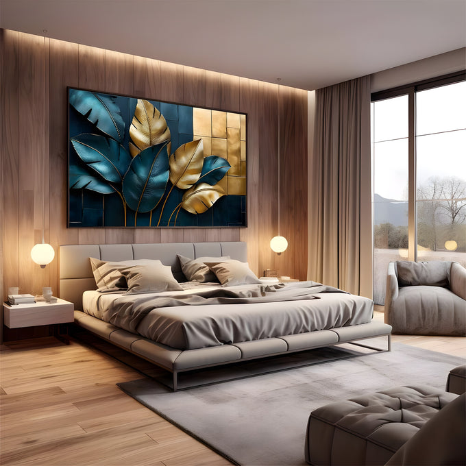 Folhas tropicais azul petróleo e douradas em relevo sobre ladrilhos azuis e dourados, quadro decorativo