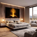 Quadro Decorativo da Luz do Conhecimento | quadros decorativos premium | Livro aberto com árvore dourada luminosa emergindo sobre fundo preto brilhante | em ambiente 4 | Porao dos Quadros