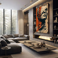 Quadro Decorativo Força em Vulnerabilidade | quadros decorativos premium | Retrato pop art masculino em laranja, bege e preto com composição marcante | em ambiente 4 | Porao dos Quadros